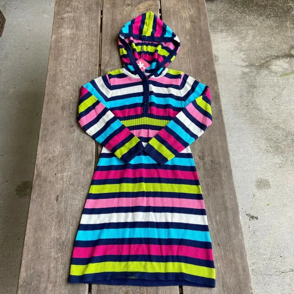 J. Khaki Girls Dress‎ Size Small Striped Hoodie Sweater Navy Blue Lime Pink NEW
